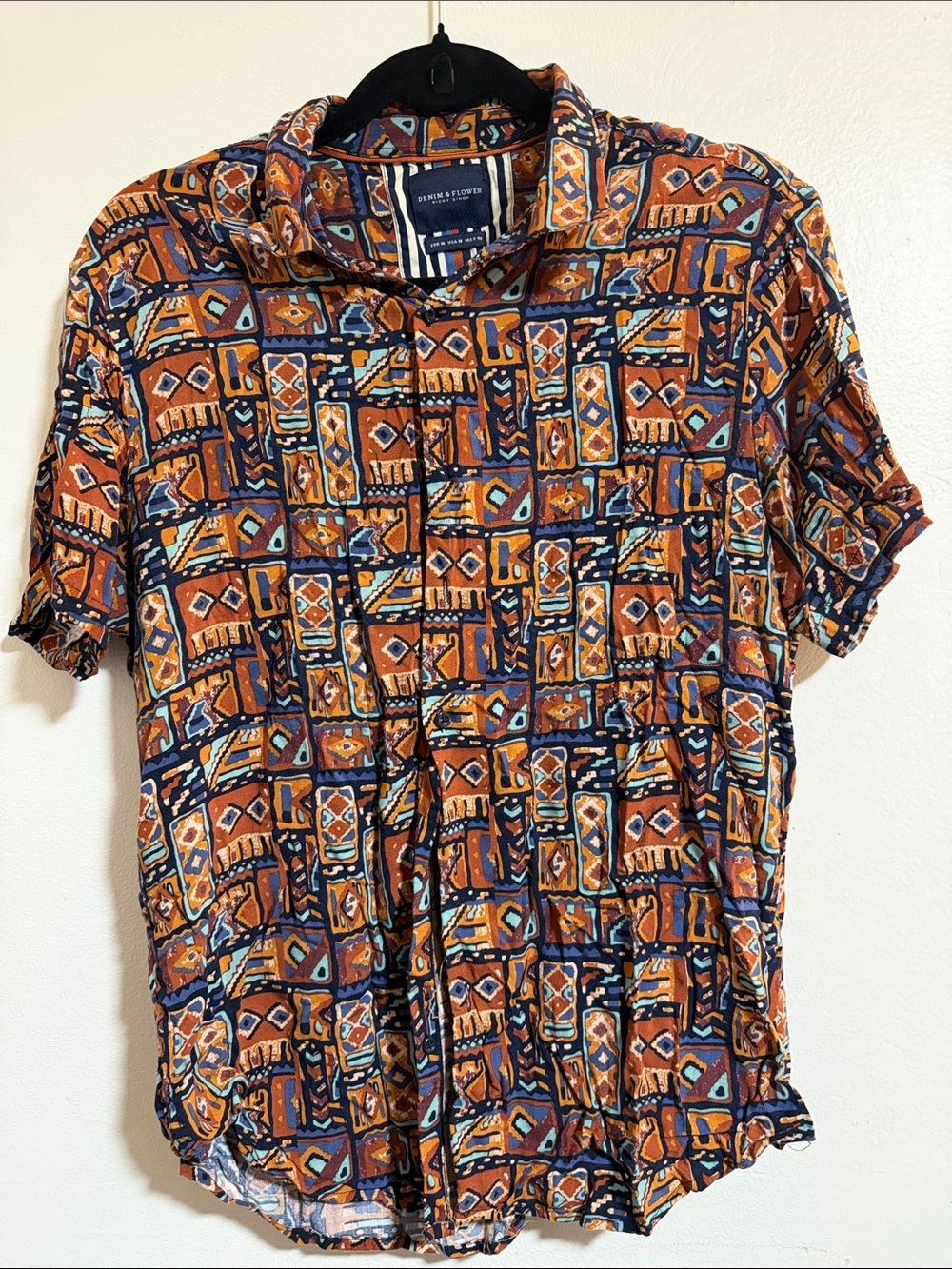 Denim & Flower Men's Short-Sleeve Button-Up Shirt - Rust & Navy Geometric